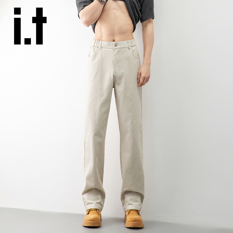 It:Chocoolate Off-White Straight-Leg Men's Casual Pants New High-End Authentic Elastic Waist Apricot-Colored Trousers It:Chocoolate Off-White Straight-Leg Men's Casual Pants New High-End Authentic Elastic Waist Apricot-Colored Trousers