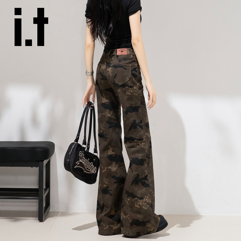It: Chocoolate Flared Jeans for Women, American-Style Camouflage, Low-Waisted Bell-Bottom Pants, Slimming, Supermodel, Extra Long