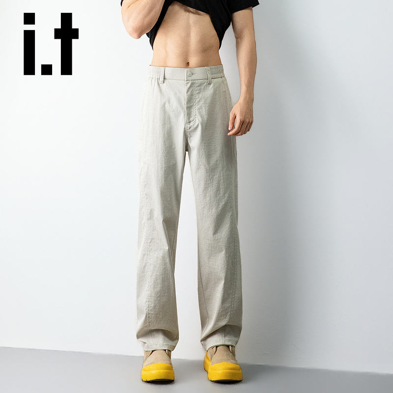 It:Chocoolate Light Gray Casual Pants for Men, Loose Fit, Old Money Style, Elastic Waist, Straight Leg, Thin Summer Pants
