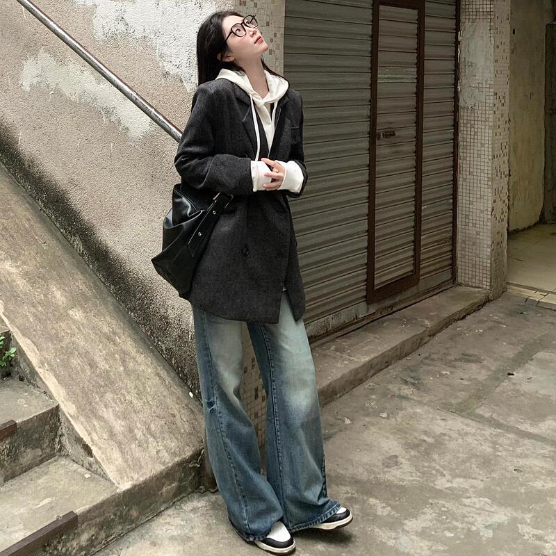 Korean Style Lazy Herringbone Pattern Blazer with a Sense of Design, Loose and Retro Korean Style Woolen Coat Korean Style Lazy Herringbone Pattern Blazer with a Sense of Design, Loose and Retro Korean Style Woolen Coat