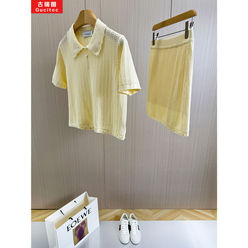 Special Offer at a Loss, No Returns or Exchanges! French-Style Hollow-Out Lapel Short-Sleeve Knit Top and New Summer Skirt Set for Women Special Offer at a Loss, No Returns or Exchanges! French-Style Hollow-Out Lapel Short-Sleeve Knit Top and New Summer Skirt Set for Women