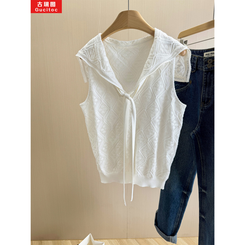 Gucitoc Baby Same Style! Navy Collar Diamond-Shaped Hollow Knit Vest for Women, New Summer 25 Sleeveless Top