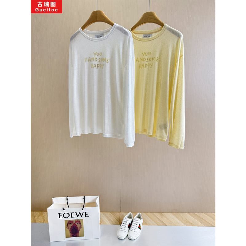 Gucitoc Lazy Weekend! Letter Rhinestone Long Sleeve T-Shirt for Women, Spring New Style, Loose and Slimming Thin Blouse
