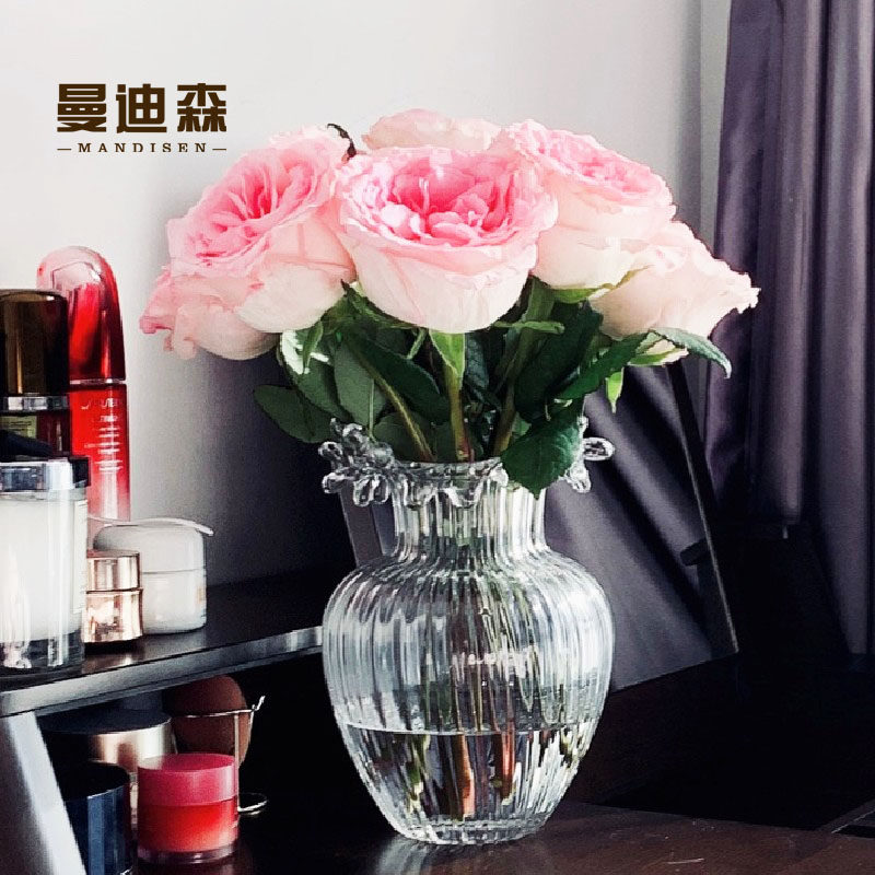 European-style American net red light luxury wave vase glass transparent flower arrangement flowers hydroponic rose living room table decoration