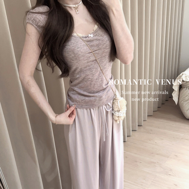 [in Stock] Cupid's "Flowers and Alice" Handmade Bow 30 Wool Lace Knitted T-Shirt Vest