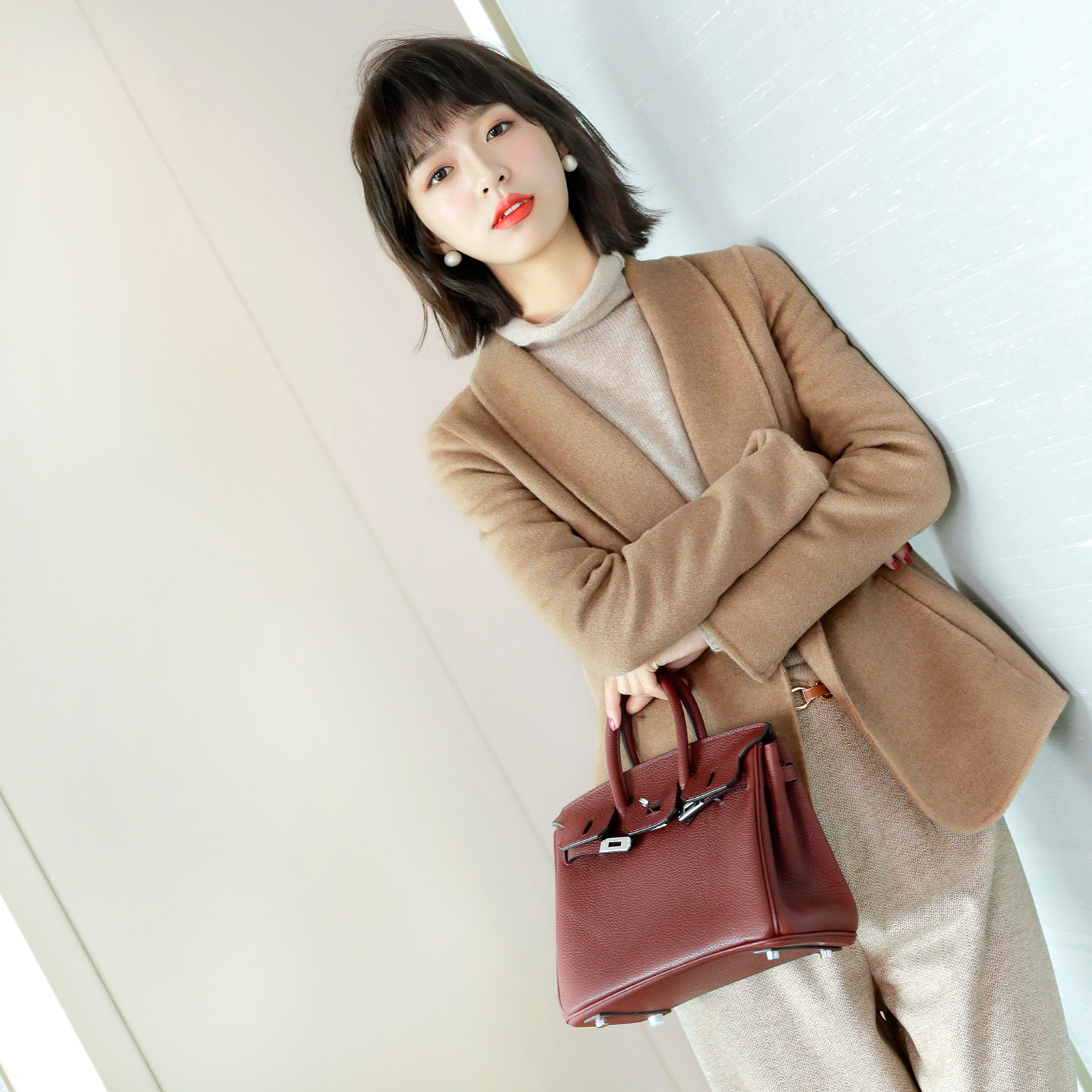 Exclusive at least 3K limited temperament camel cashmere wool double-sided one-button blazer autumn and winter