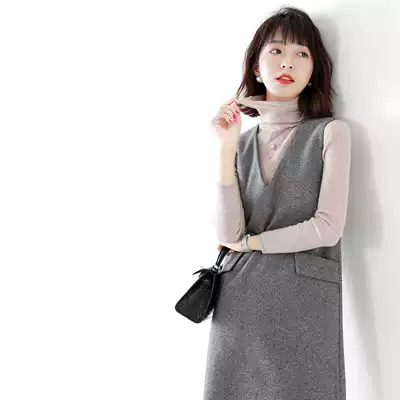 A loving vest skirt is elegant and young ~ exquisite fine check medium and long version of V-neck dress autumn and winter