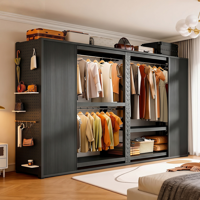 Shelf-Type Wardrobe for Home Use with Fully Enclosed Sliding Doors, Easy Assembly, Bedroom Closet, Metal Combination Clothes Rack