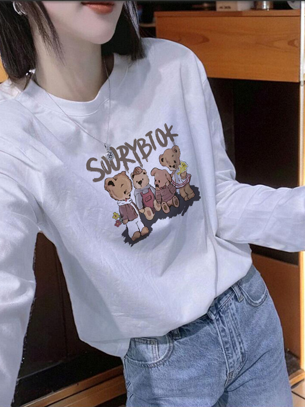 White Pure Cotton Long-Sleeve T-Shirt for Women, 2026 Early Spring New Style, Autumn and Winter Fleece-Lined Base Shirt, American Retro Top