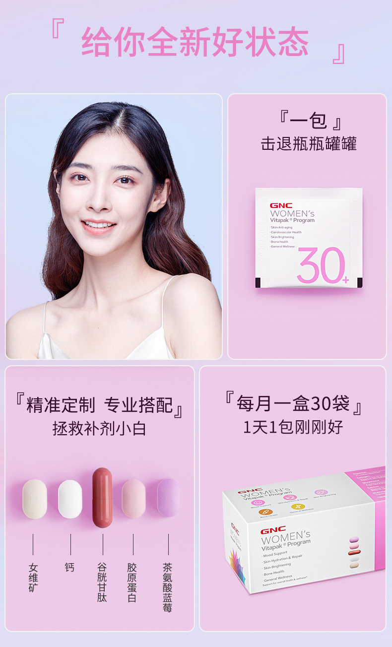 GNC 健安喜 Vitapak 30岁以上女性 每日营养包30袋 双重优惠折后￥131.68包邮包税 男性营养包同价