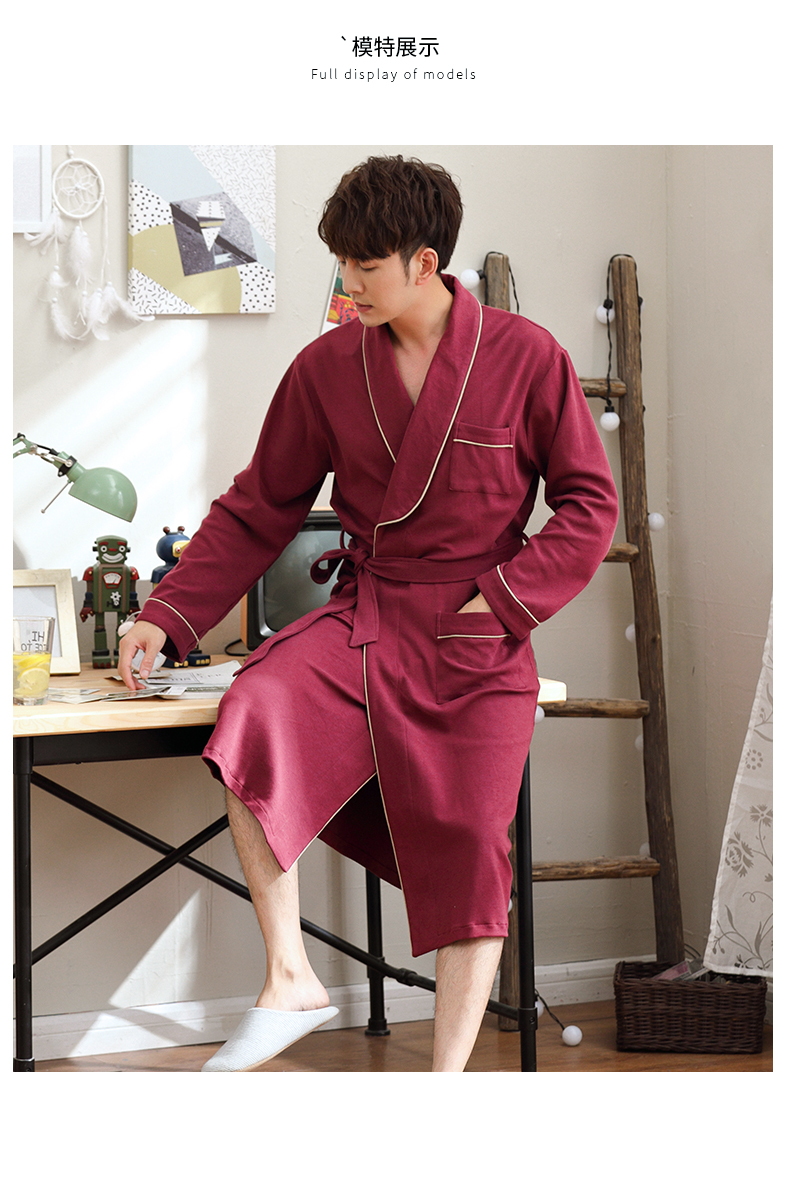 Bộ đồ ngủ mùa xuân và mùa thu nam mỏng phần cotton dài tay XL kiểu Nhật Bản áo liền thân màu cotton giản dị phục vụ nhà mùa hè - Night Robe đồ ngủ sexy mới nhất 2021