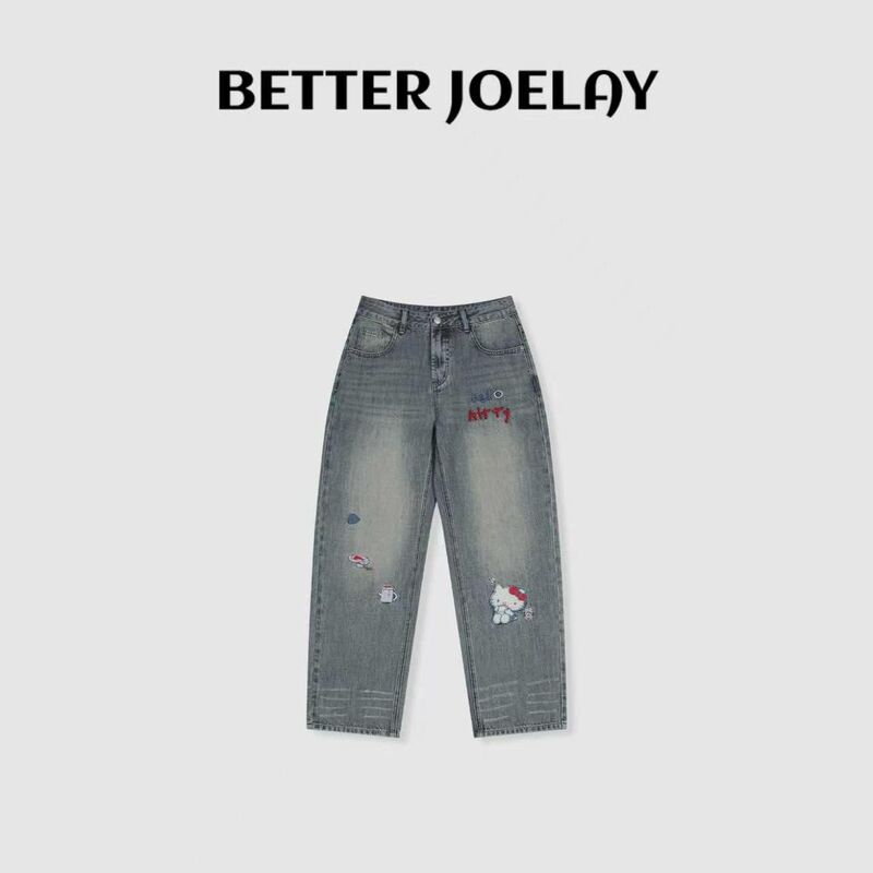 Betterjoelay -【Kitty Denim】Washed Versatile Casual Straight-Leg Leopard Print Jeans Jg9920