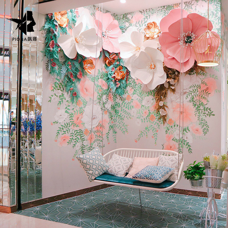 Autumn paper flower background wall decoration net red window flower wall shop opening background layout large handmade paper flowers