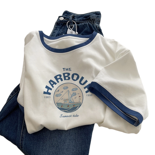 白色圆领纯棉短袖t恤女夏季宽松2025年新款女装印花体恤美式上衣