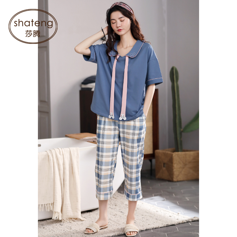 Pajama cô gái mùa hè đáng yêu bông Nhật Bản mỏng ngắn tay quần bảy điểm ngọt ngào có thể mặc quần áo phù hợp với gia đình.