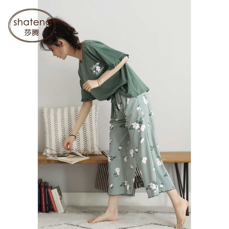 Pajamas women's summer thin cotton short-sleeved cropped pants women's summer dress spring and autumn mid-length trousers home service suit