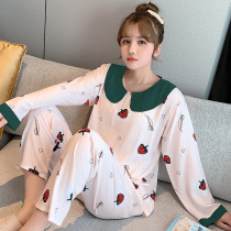 Summer pajamas womens long-sleeved two-piece suit cotton silk pajamas cotton silk large size home service spring and autumn trousers home service