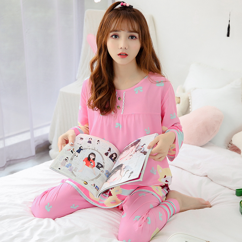 Cartoon cotton silk cute man-made cotton cotton silk pajamas women's spring and autumn summer long-sleeved thin section two-piece suit home service
