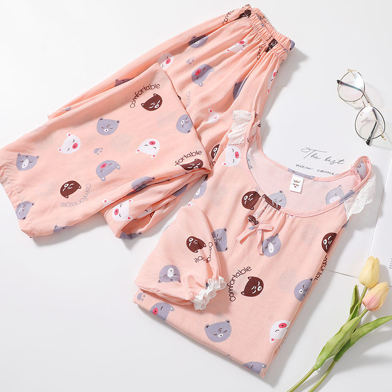 Korean version of cotton silk cartoon rayon silk thick pajamas ladies spring and autumn summer long-sleeved trousers suits home service students