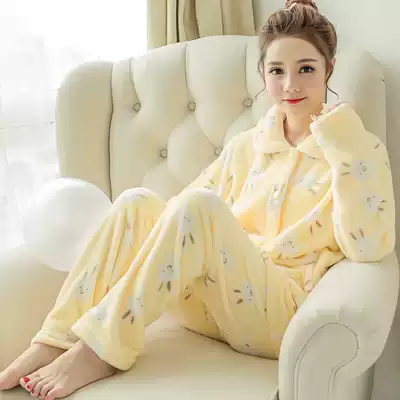 Autumn and winter thickened coral velvet pajamas women's suit home clothes plus velvet cute flannel long-sleeved cardigan large size