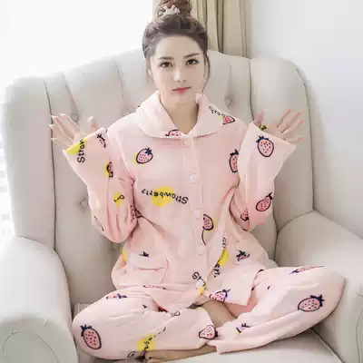 Coral velvet pajamas women winter long sleeves thickened warm fresh set flannel sweet cute cartoon home clothes