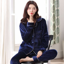 Korean version of solid color thickened warm flannel coral velvet womens autumn and winter long-sleeved suit home clothes two-piece cardigan
