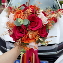 Golden leaf flower wedding wedding hand bouquet red flannel rose hand bouquet simulation hand bouquet bridesmaid bouquet