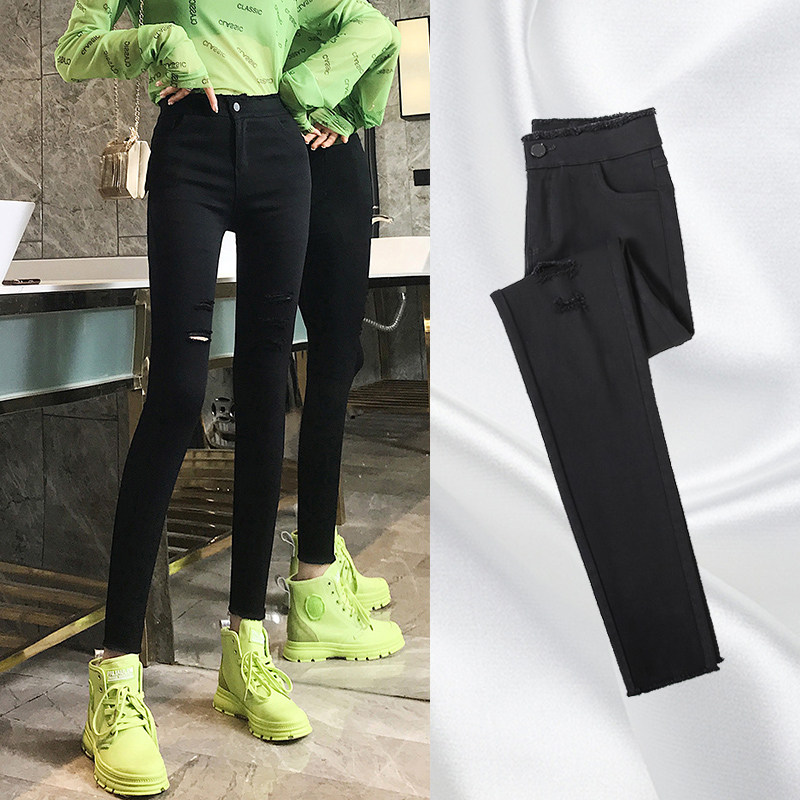 Broken Cave Inner Lap Pants Woman Outside Wearing Spring Autumn 2021 New Black Display Slim Tall Waist 90% Pants Slim slim black pants Summer