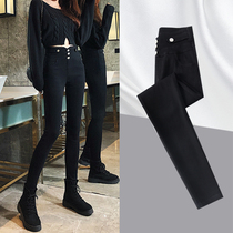 Black beat bottom pants woman outside wearing spring autumn and winter plus suede 2021 high waist tight body display slim and small foot pencil magic black pants