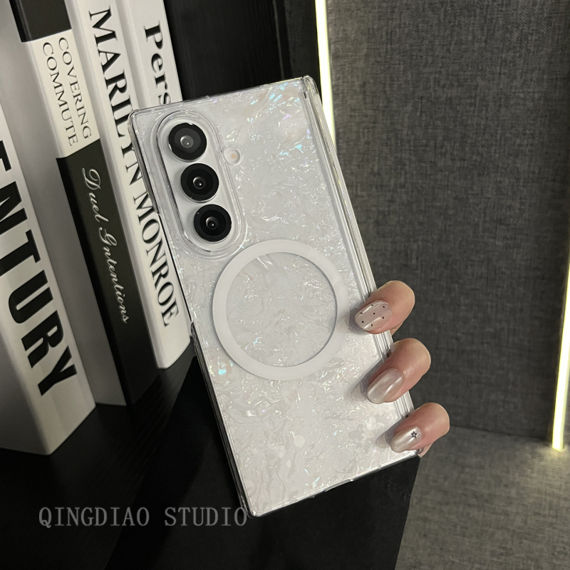 Lightweight, Transparent White Shell Pattern Magnetic Ring Suitable for Samsung Z Fold 7/6/5/4/Galaxy Z W25/24/23 Phone Case, New Folding Screen Flip Cover Anti-Drop Protective Case, Popular Online