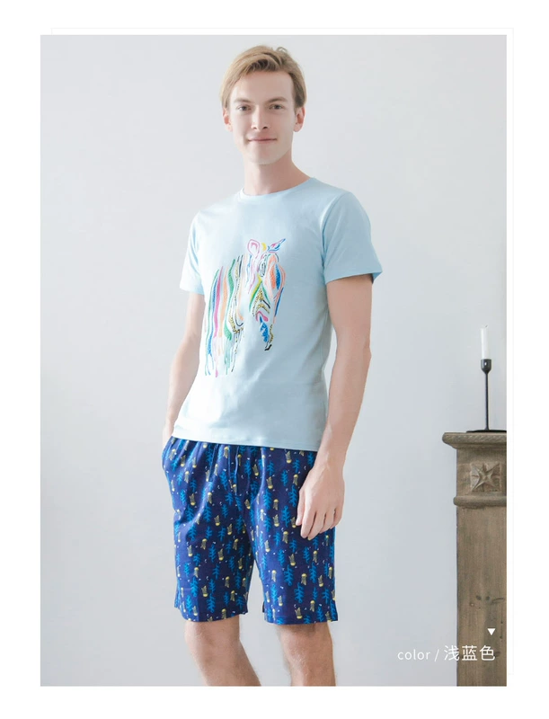 Ai Di vài bộ đồ ngủ nữ mùa hè thời trang đơn giản có thể mặc quần short ngắn tay cotton Bộ đồ ngủ nam phục vụ nhà mỏng - Bên ngoài ăn mặc do bo