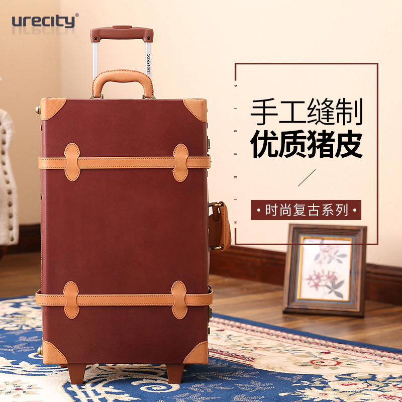 urrecity old vintage retro pull-lever box genuine leather suitcase props leather case props 20 inch boarding suitcase