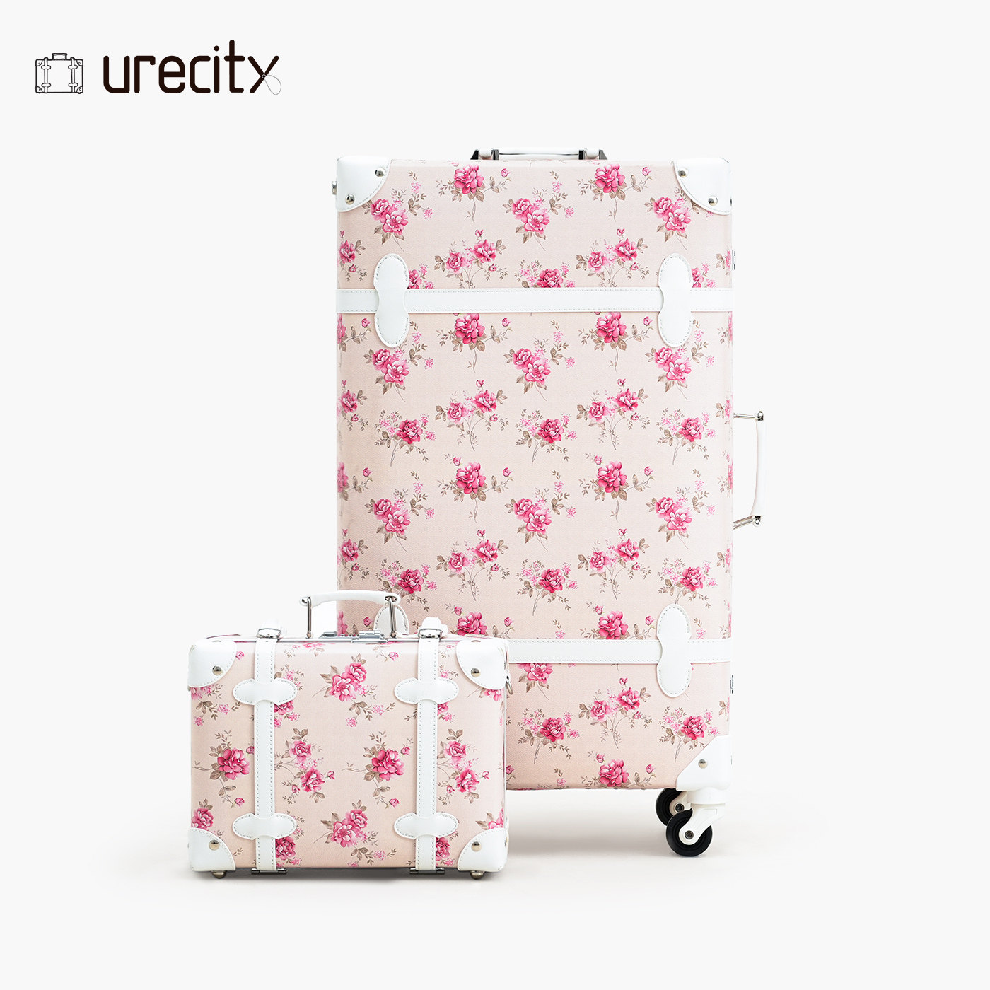 urecity Retro Floral Print Suitcase for Women, High-Value Leather Suitcase, Trolley Case, 24-inch & 26-inch, Instagram-Style Travel Suitcase