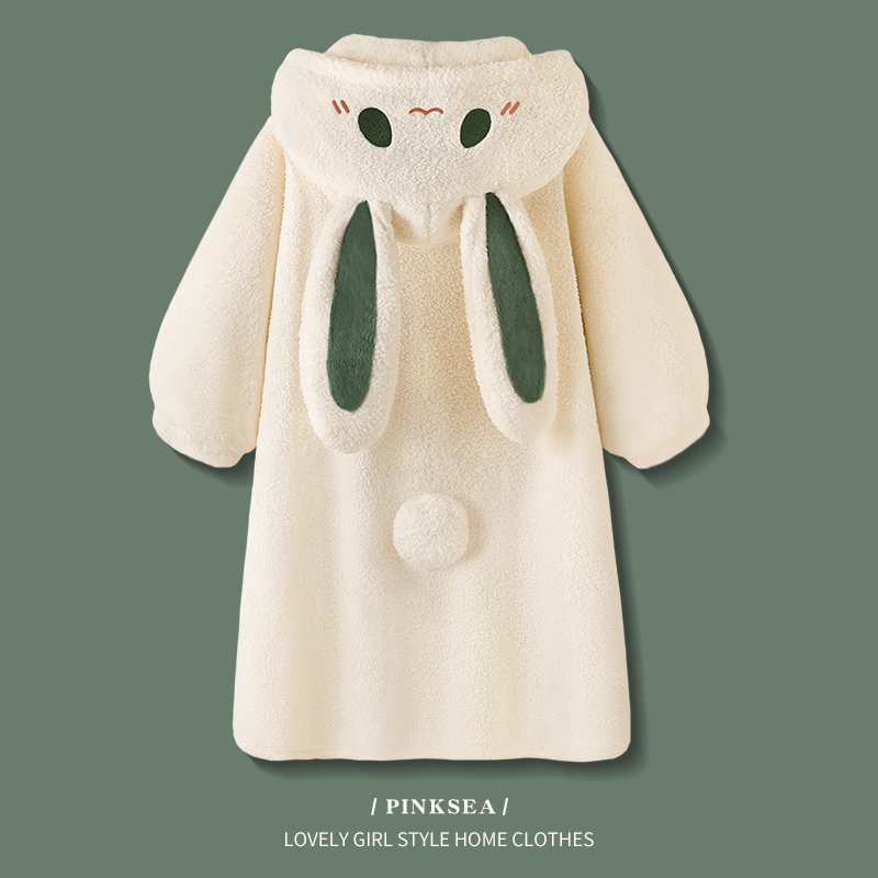 Women's Winter Coral Velvet Cute Hooded Mid-Length Home Clothes Thickened and Velvet-Lined Autumn and Winter Bathrobe Pajamas Women's Winter Coral Velvet Cute Hooded Mid-Length Home Clothes Thickened and Velvet-Lined Autumn and Winter Bathrobe Pajamas