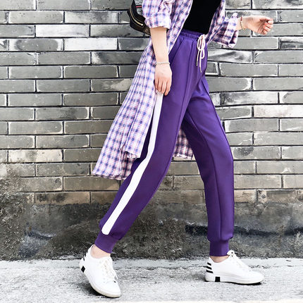米琳雅ins紫色束腿裤白条纹校服裤女宽松显瘦