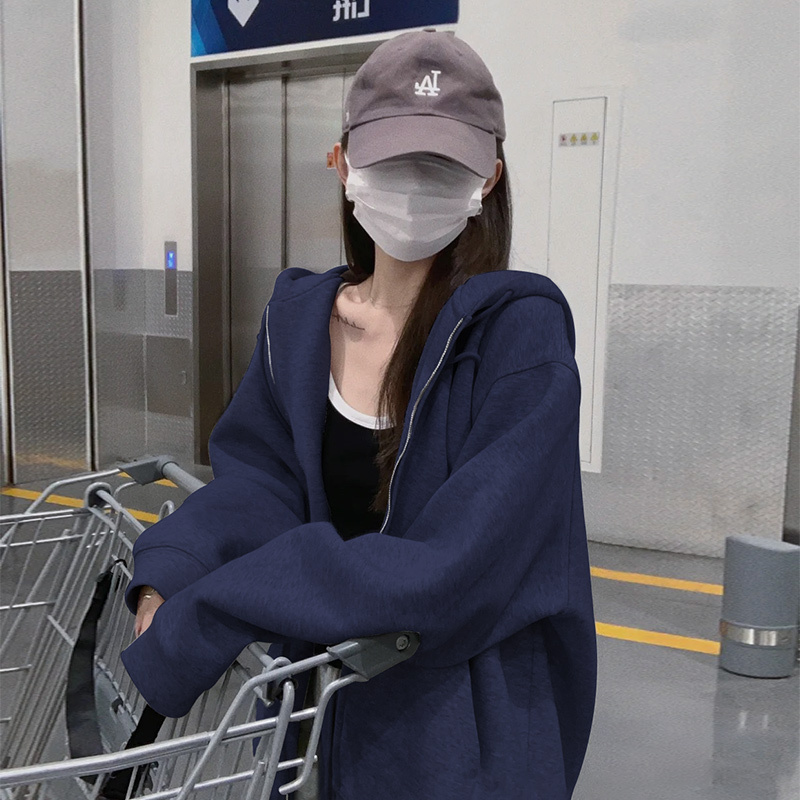 Women's Sweatshirt Jacket, Cardigan with Zipper, Hooded, Popular Style for Spring and Autumn, Fleece-Lined for Autumn and Winter, Navy Blue Top, 2026 New Model