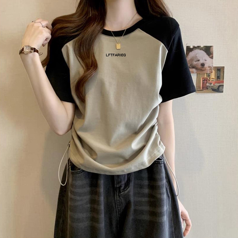 正肩短袖t恤女2026新款夏季设计感小众收腰抽绳显瘦插肩短款上衣