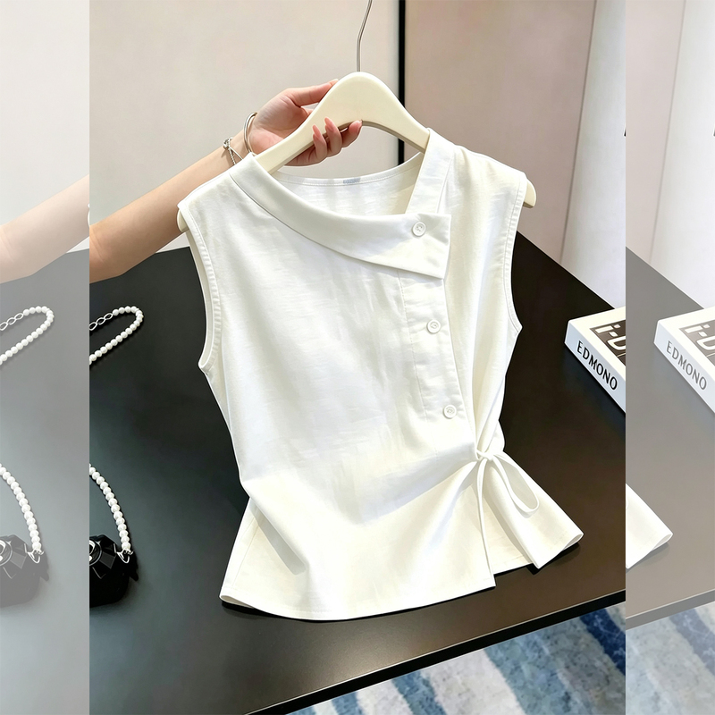 French-Style Beautiful Sleeveless Vest Shirt, This Year's Popular Women's Clothing, High-End White Shirt with Tie-Up Top