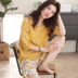 Đồ ngủ nữ mùa hè cotton ngắn tay cắt cúp quần dễ thương tay áo lỏng có thể đi ra ngoài mùa hè giản dị - Bộ Pajama thời trang 2021 Bộ Pajama