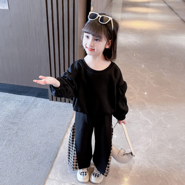 Girls' plaid back bowknot suit spring and autumn new girl splicing sweater flared trousers fashion two-piece suit