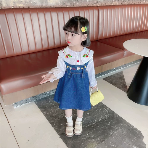 Джинсовый сарафан, рубашка, осенний комплект, радужная кукла, в западном стиле, с вышивкой