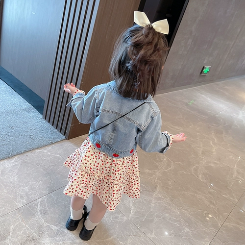 Джинсовая юбка для девочек, осенний комплект, платье, в цветочек, в корейском стиле, в западном стиле