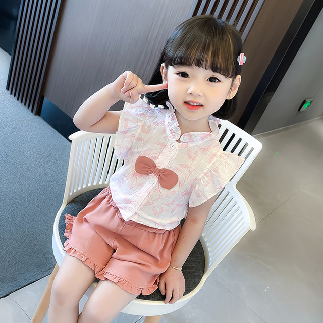 Girls 2022 Korean fashion summer baby bow tie collar plant flower dogtail grass short-sleeved suit new