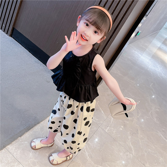 Girls sleeveless ruffles wave point suit 2022 summer new children's Korean style shirt harem pants two-piece set