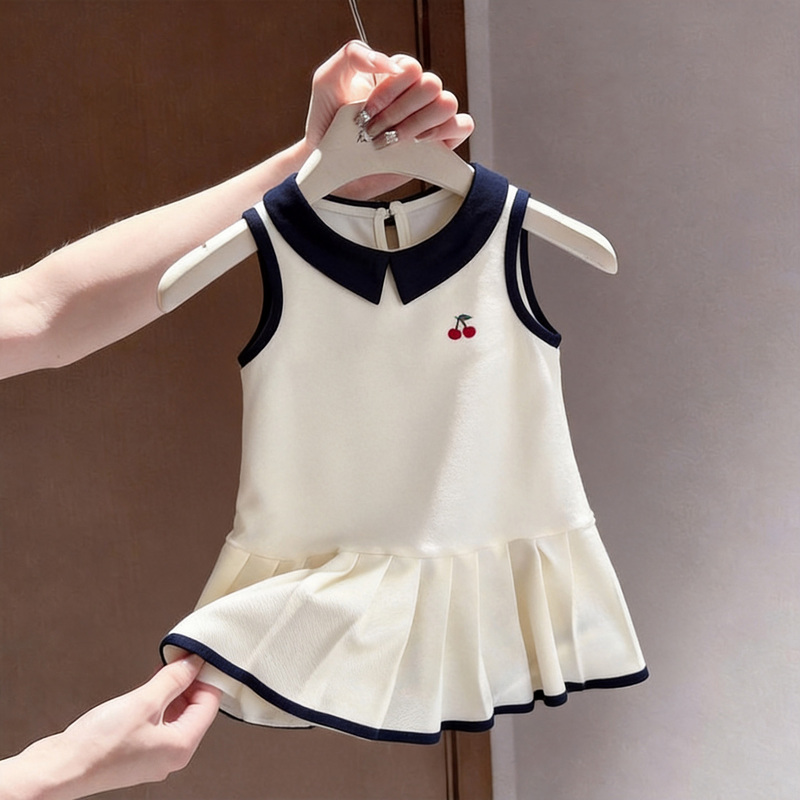 2026 Summer Girls' Navy Collar Vest Dress with Cherry Embroidery, Navy Blue Trim, Mermaid Hem, and Academy Style Dress 2026 Summer Girls' Navy Collar Vest Dress with Cherry Embroidery, Navy Blue Trim, Mermaid Hem, and Academy Style Dress