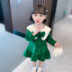 Girls green dark grid dress 2022 spring and autumn new children's Korean version big lapel princess skirt girl baby skirt