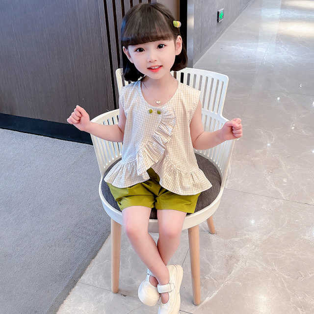 Girls summer dress sweet lace plaid suit 2022 new children's casual baby girl Korean version thin two-piece set