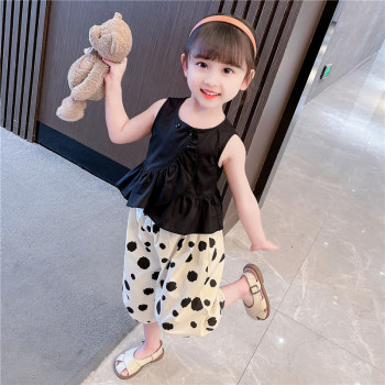 Girls sleeveless ruffles wave point suit 2022 summer new children's Korean style shirt harem pants two-piece set