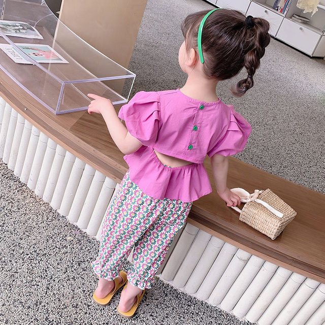 Girls' rear hollow puff sleeve suit 2022 summer new children's cotton floral anti-mosquito pants two-piece fashion