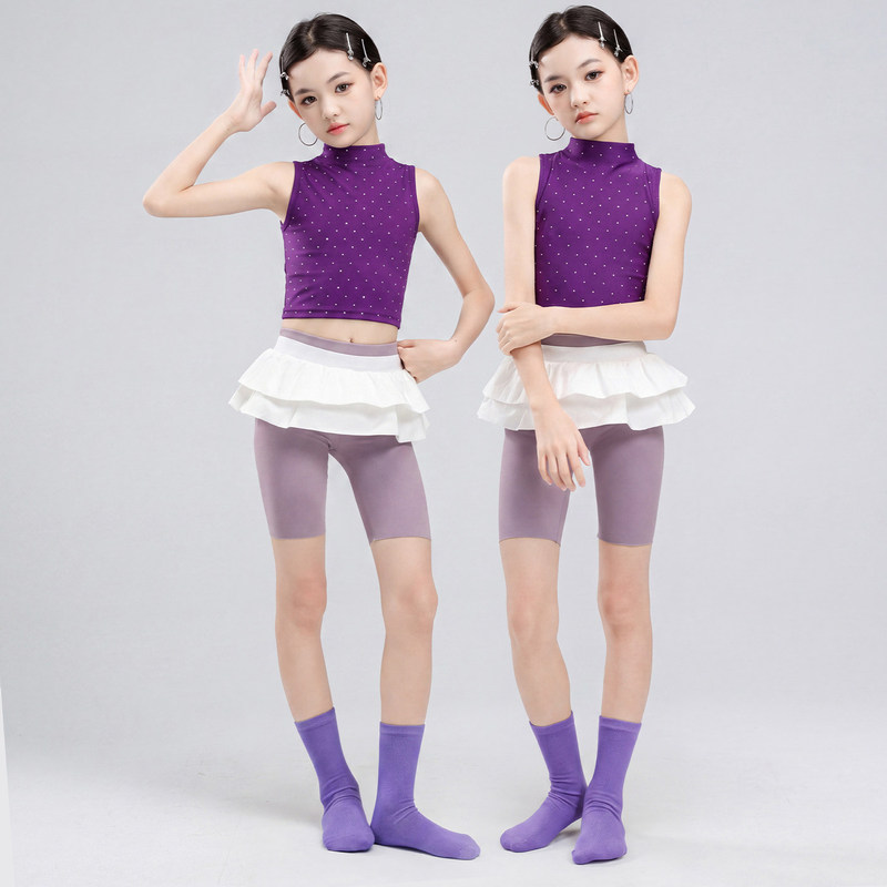 Girls' Dancewear High-End Purple Vest with Rhinestones, Shiny High-Neck Yoga Outfit, Dance Performance Costume for Girls Girls' Dancewear High-End Purple Vest with Rhinestones, Shiny High-Neck Yoga Outfit, Dance Performance Costume for Girls